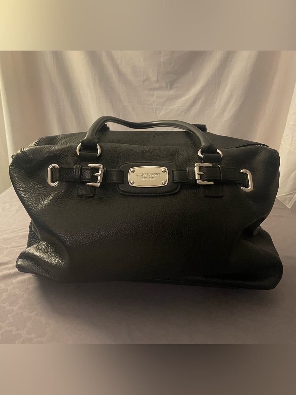 Michael Kors Hamilton XL Weekender Black Pebbled Leather Duffel Silver Hardware